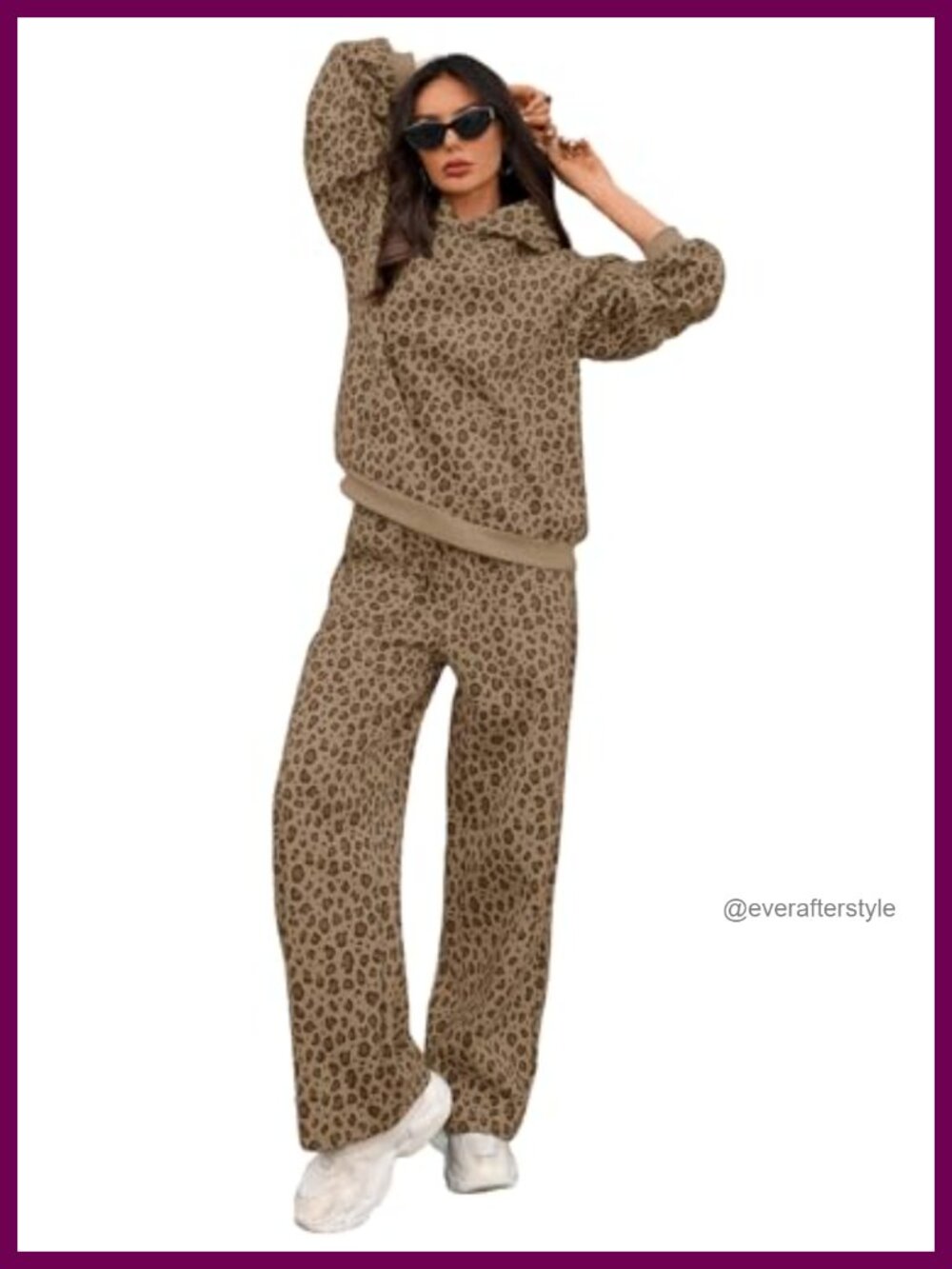 Womens Leopard 2 Piece Sweatsuit Oversized Hoodie Straight Leg Sweatpants